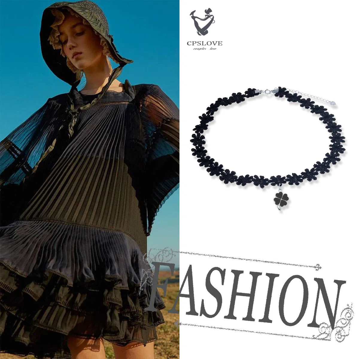 Damen Schwarze Blume Halsreife Halskette 925 Silber Ketten mit Vierblättriger Kleeblatt Anhänger für Mädchen Elegante Choker
