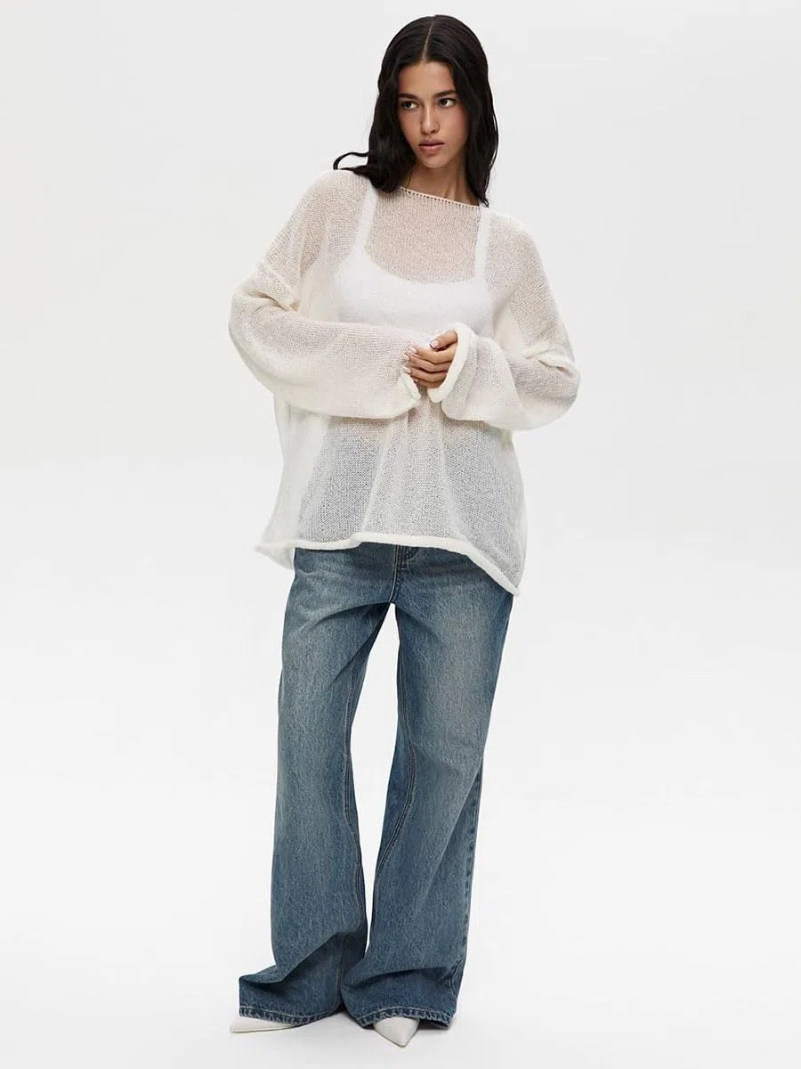 Nutria Häkelpullover Damen Rundhals Langarm Strickpullover Oversize Hakelnadel Cover Up Mesh Hollow Out Oberteil Lechit lässig Streetwear Schulterfrei Lässig & Vielseitig D11