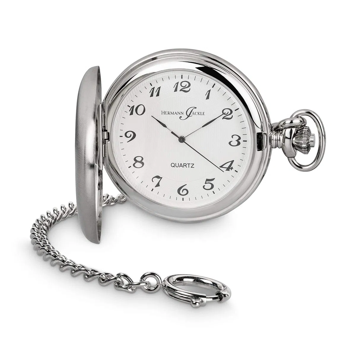 Hermann Jäckle Herren Taschenuhr Todtnau Quarz Silber 50 mm | Quarzwerk, Sprungdeckel, großes Zifferblatt mit arabischen Zahlen, inklusive Kette und Reiseetui