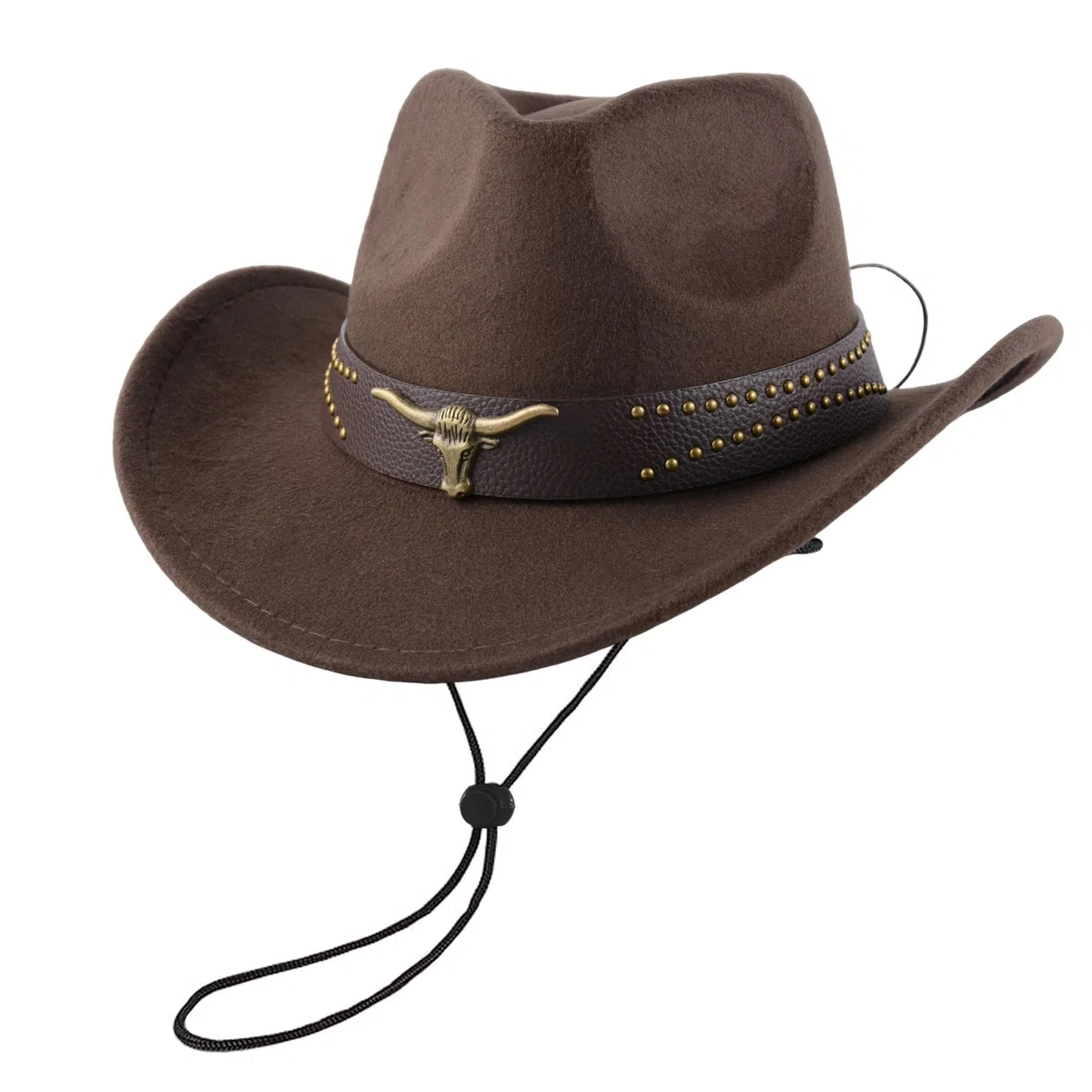 Klassischer Westernhut für Damen und Herren – Einfarbiger Cowboyhut mit Stierkopf-Dekor, Vintage Jazzhut für Erwachsene im Cowgirl- und Western-Stil (Braun A)