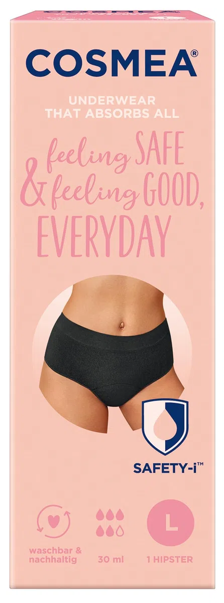 COSMEA Hipster Unterwäsche, Größe L, wiederverwendbare Periodenunterwäsche, sicherer Schutz bei Menstruation