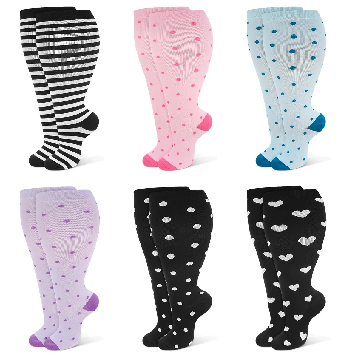 Utensilsto 6 Paare Kompressionsstrümpfe Damen Herren,Bunte Stützkniestrümpfe Kompressionssocken 15.2-23.8mmHg für Laufen, Sport, Flug, Reisen