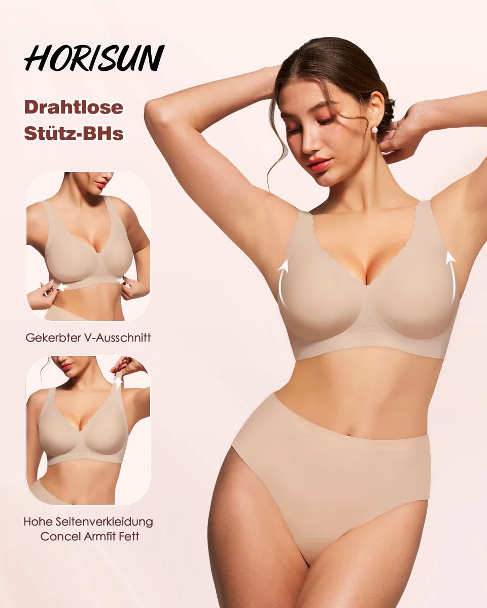 HORISUN Eleganter Bügelloser BH Damen Nahtloser Push Up V-Ausschnitt mit Wellrand T-Shirt BH Gepolsterte Körbchen Verstellbare Träger Jelly BH Alltag