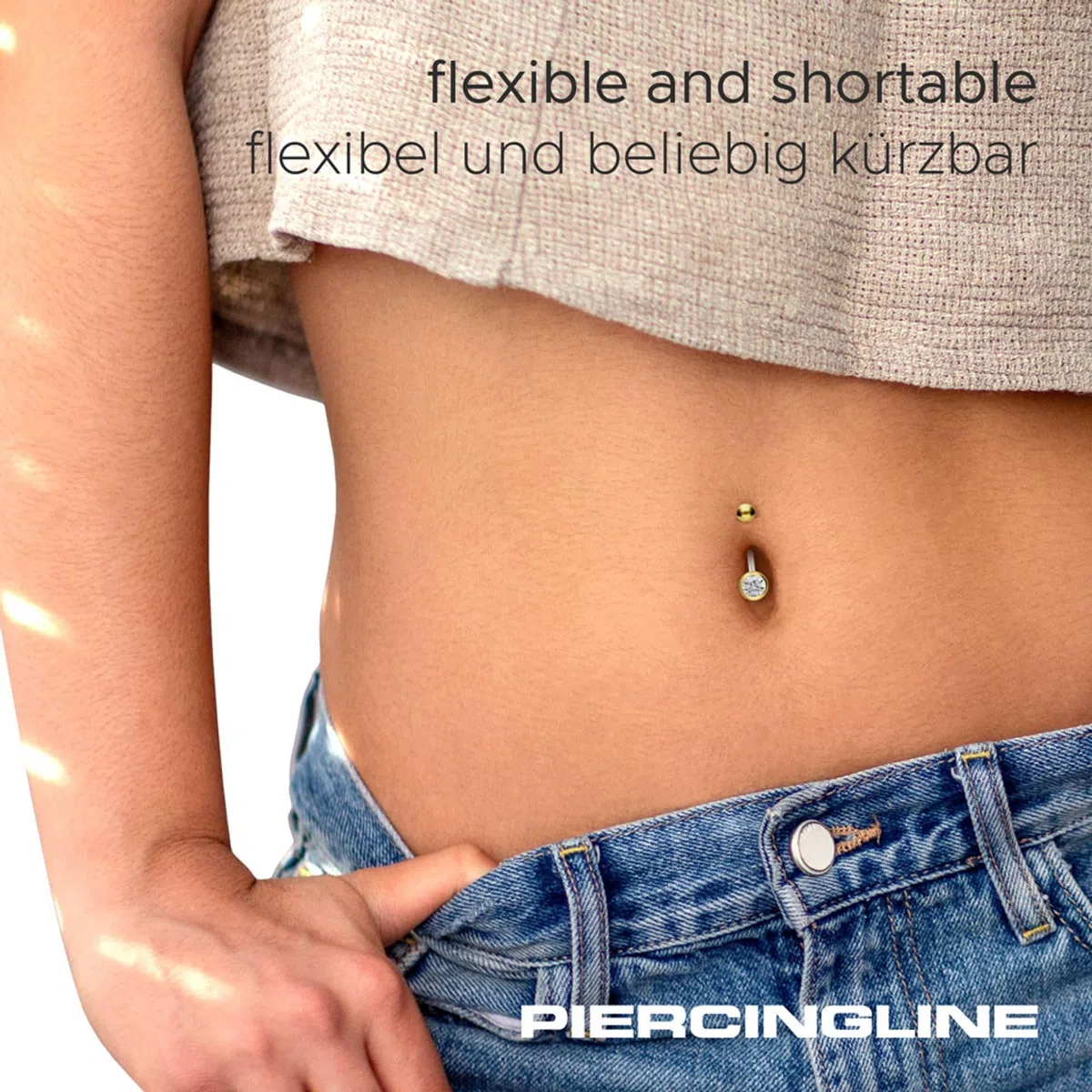 PIERCINGLINE flexibles Bauchnabelpiercing aus Teflon - für Schwangerschaft - mit Kugel aus Chirurgenstahl und Kristall - kürzbar - in 7 Farben