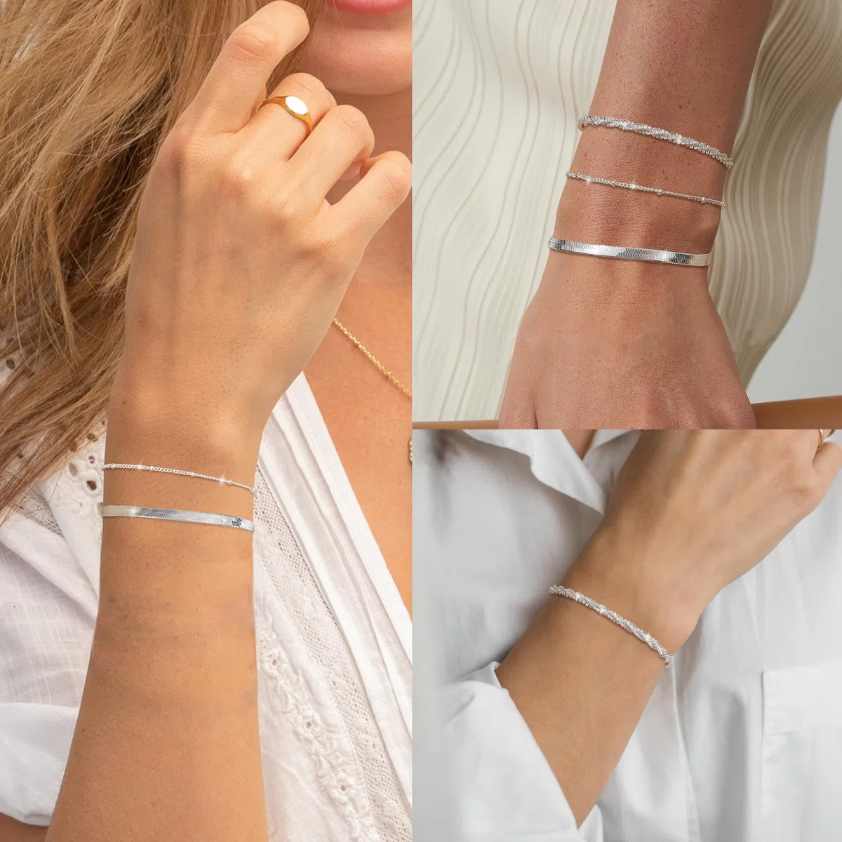 CASSIECA 3 Stück Armband Silber Damen Armbänder Silver Armband Set Gold 14 Karat Vergoldet Armbänder Damen Verstellbare Stapelbare Kettenarmband Gold Silber Schmuck für Damen