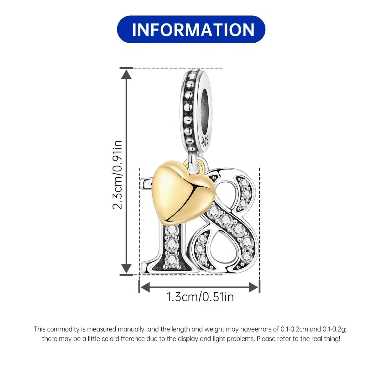 Zahl Charm für Armband & Halskette, Sterling Silber 925 mit Zirkon & 18K vergoldetem Herz, Geschenk für Jubiläum, Geburtstag, Alter (10 13 15 16 18 20 21 25 30 40 50 60)