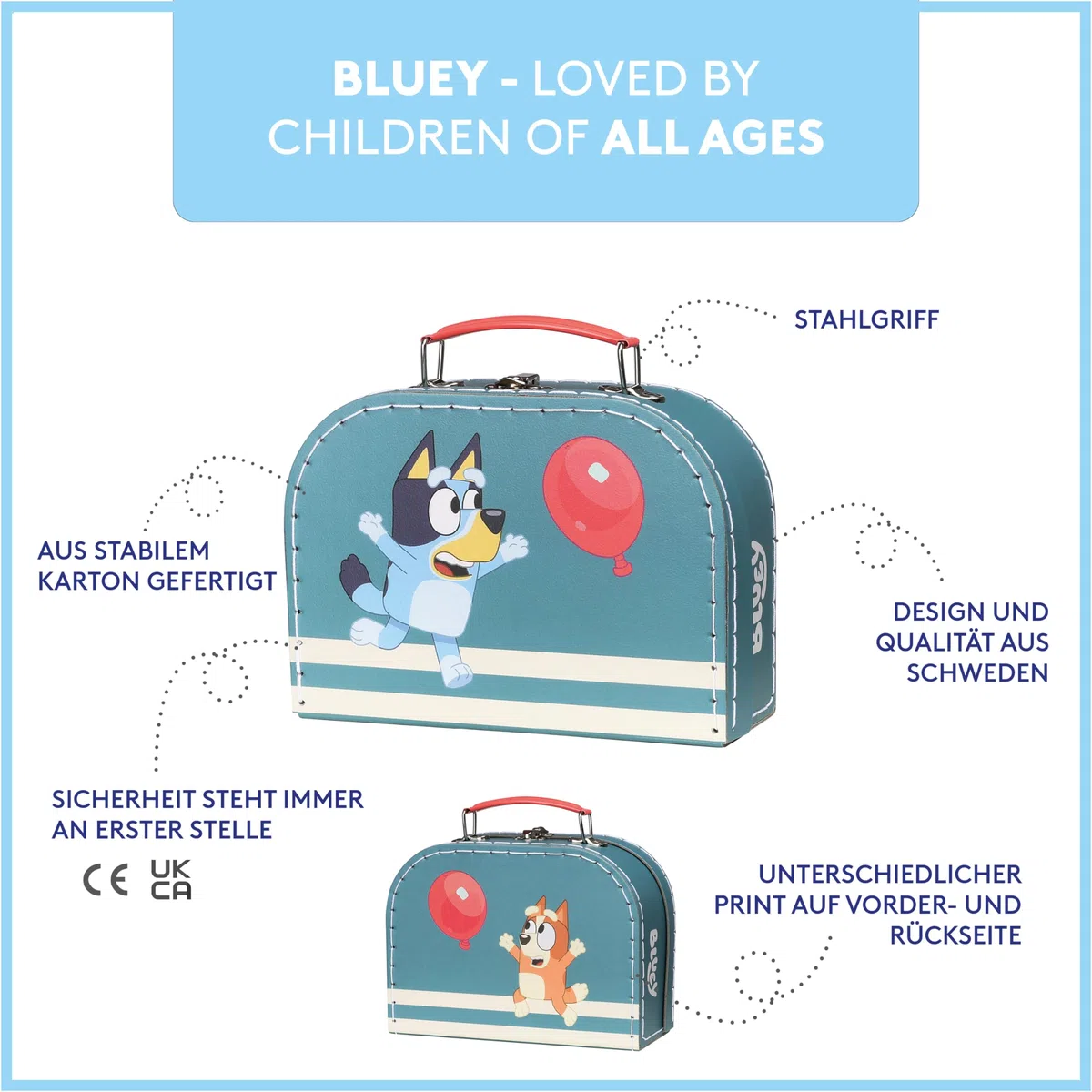Micki Bluey-Kinderkoffer aus Pappe – Langlebiger und strapazierfähiger Kinderkoffer, 20 cm, leichtes und farbenfrohes Design, perfekt für Vorschule und Reisen, mit beliebten Bluey-Figuren, 65000200