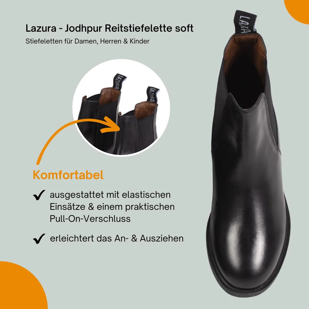 Lazura - Jodhpur Reitstiefelette Basic Plus | Kinder, Herren & Damen Stiefeletten mit Elastikeinsatz & Pull-On | schwarze Chelsea Boots aus Leder | Reitschuhe in Größe 28-46