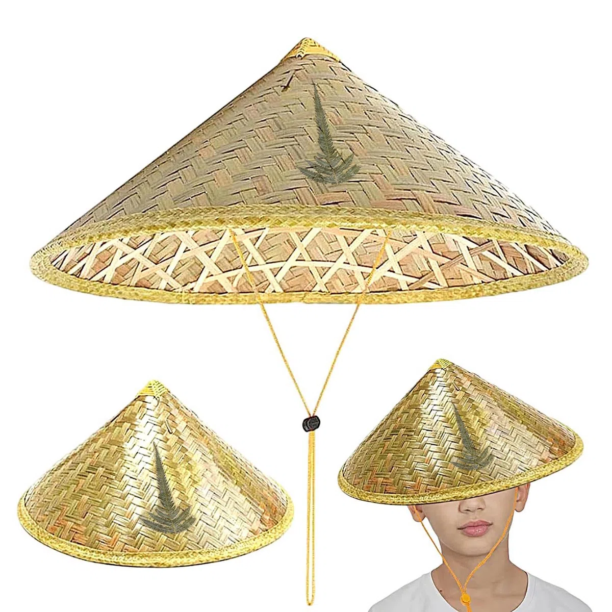 Handgefertigter chinesischer Strohhut | Traditionelle chinesische gewebte Strohkappe mit verstellbarem Seil | gewebter konischer Reisbauer Kostüm Zubehör für Angeln, Gartenarbeit, Camping, Wandern