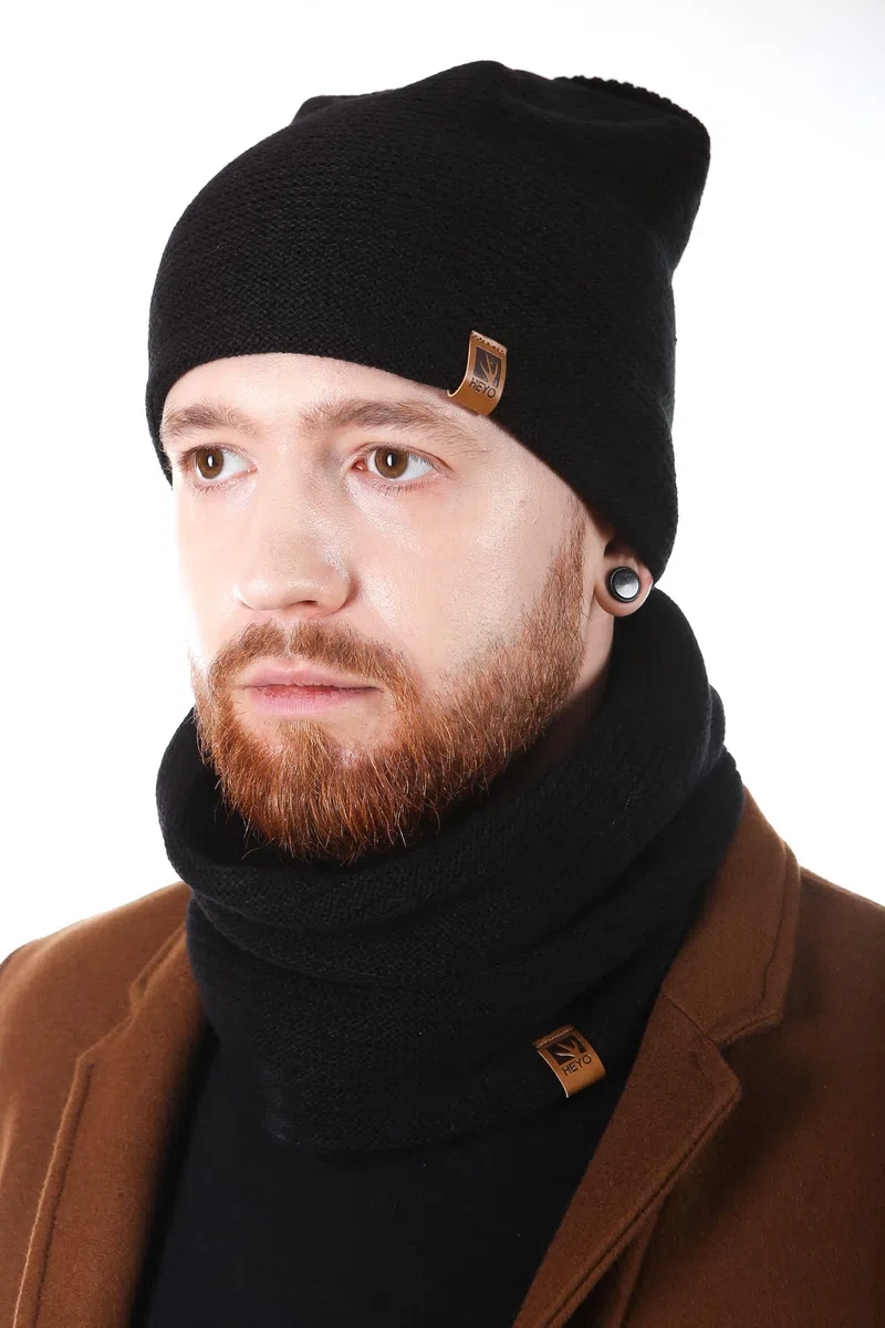 HEYO Herren Wintermütze Schlauchschal Handschuhe 3er Set | Warme Winter Mütze Schal Winterhandschuhe Schwarz HZ0006 (Schwarz)