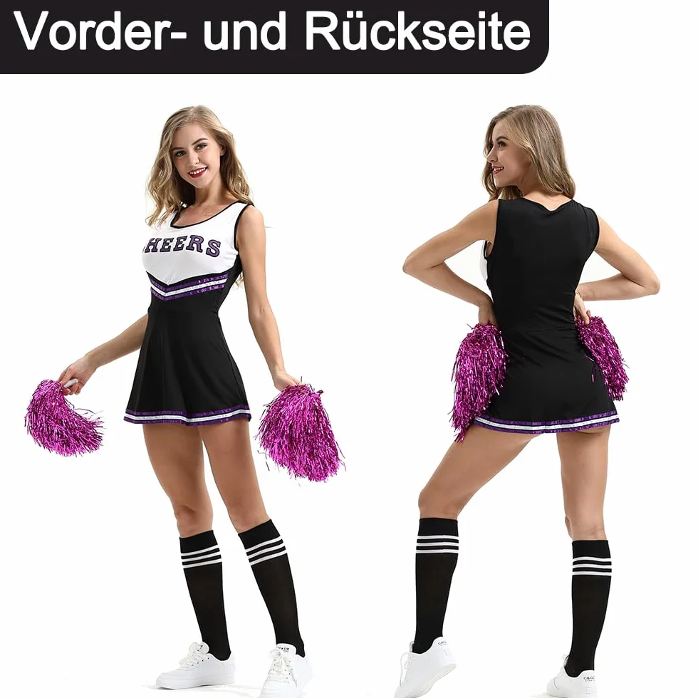 PASLFC Cheerleader Kostüm Damen für Erwachsene,Cheerleading outfit,Cheerleadering Outfit,High school musical cheerleader kostüm,Cheerleader Pompoms für Karneval Party Cosplay Fasching Halloween