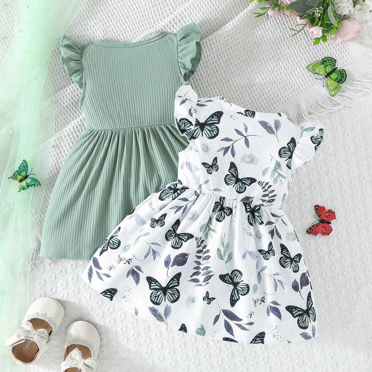 Mädchenkleid mit Schmetterlingsmuster Schleife Rüschen ärmellos süßes gepunktetes Kleid für Mädchen Sommerkleidung