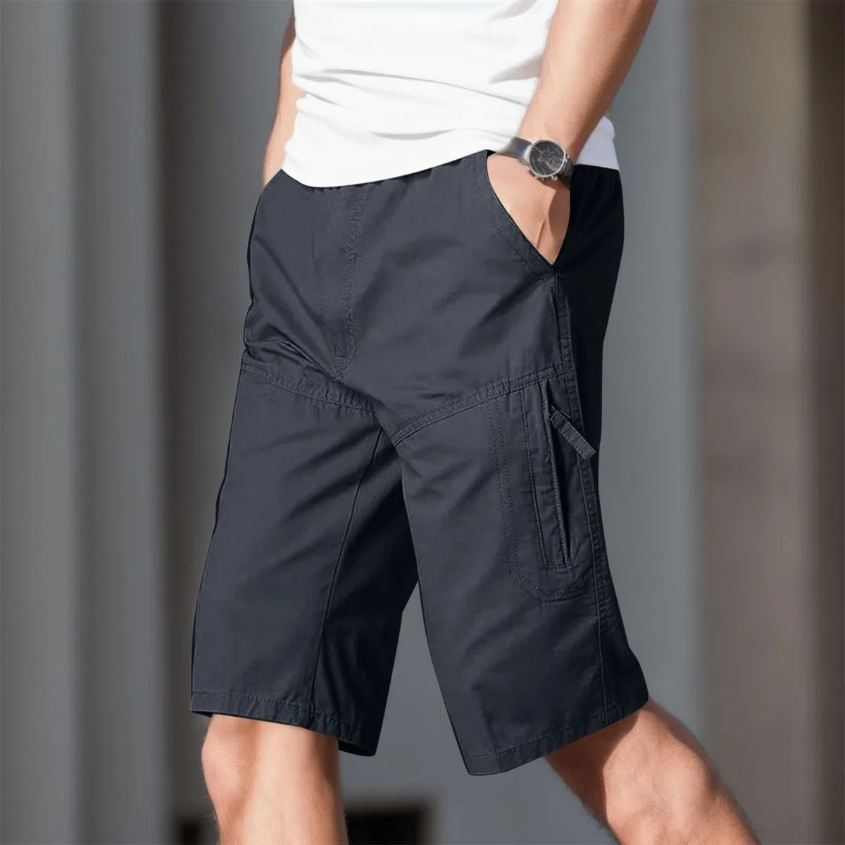 Generisch Cargo Hosen Herren Cargohose Herren Baumwolle Vier Jahreszeiten Einfache Einfarbige Elastische Taille Overalls Casual Hosen Shorts Herren Cargohose Baggy