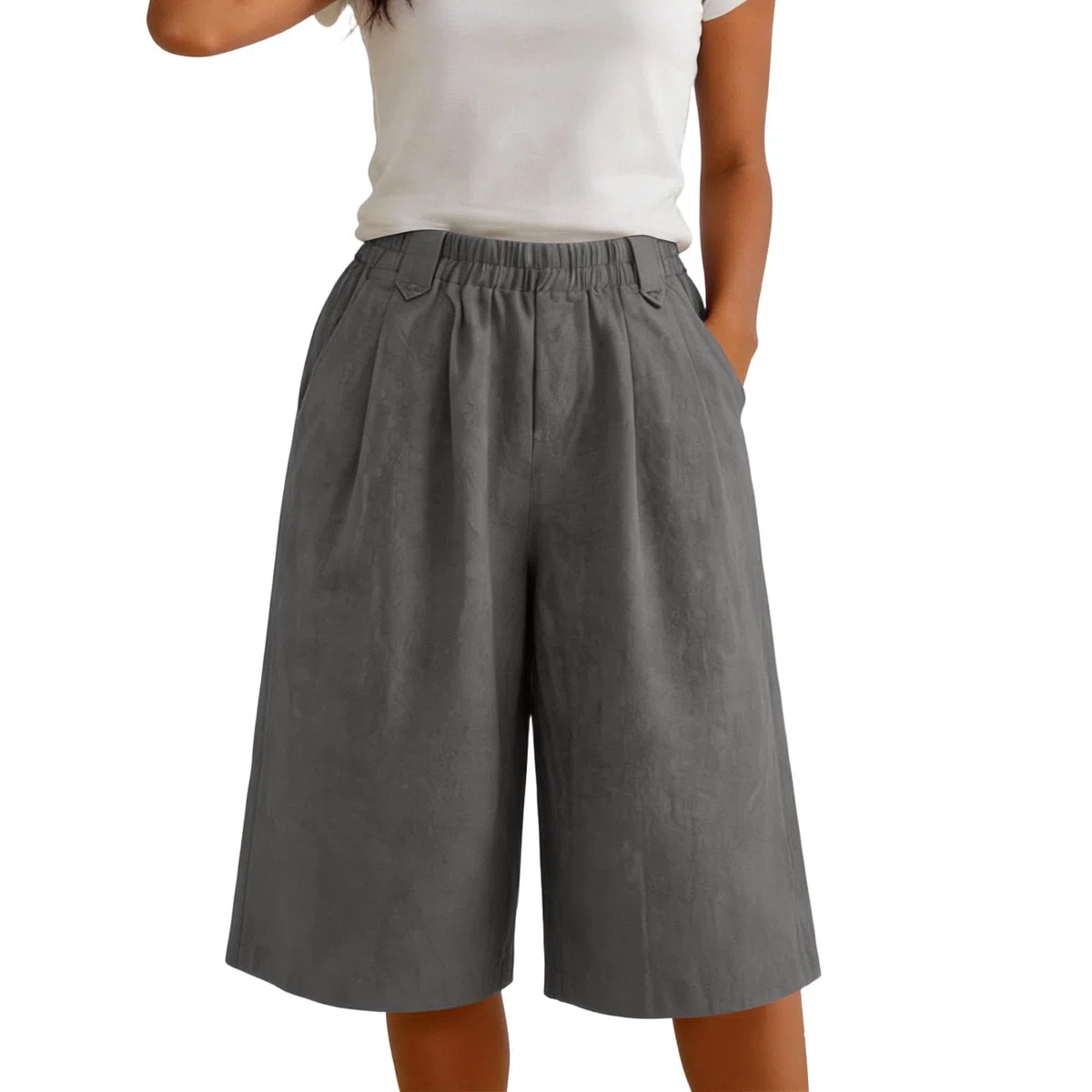 Generisch Damen Leinenhose Kurze 5/4 Hose Sommer Locker Fit Bermudas Große Größen Freizeithose mit Gummizug Weites Bein Stoffhose mit Taschen für Strand Urlaub