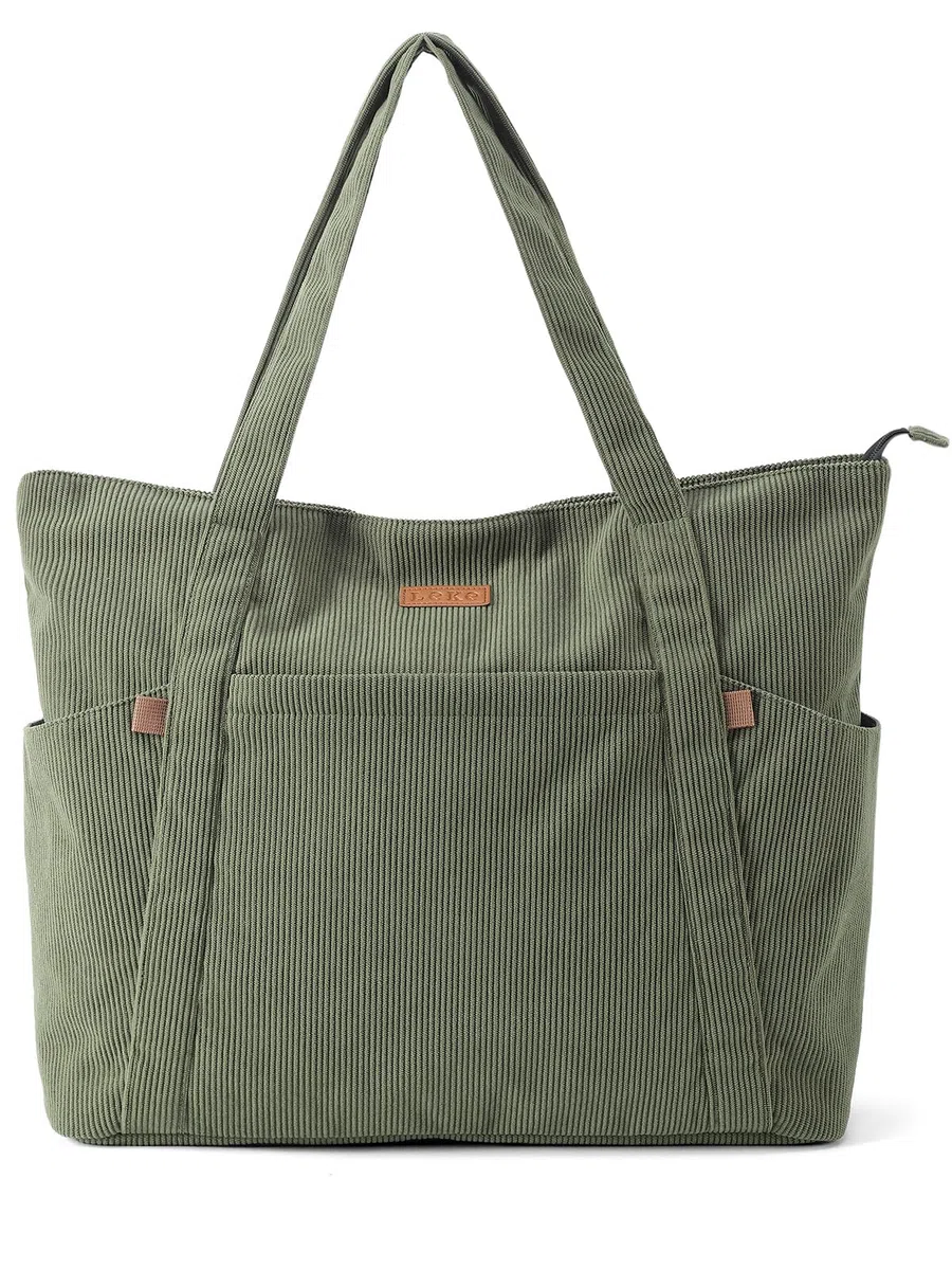 Cord Tasche Damen, Groß Tote Bag Strandtasche mit Reißverschluss, Shopper Tasche Damen Laptoptasche mit 17 Zoll Laptopfach, Elegant Handtasche Umhängetasche für Arbeit Schule Gym-Grün