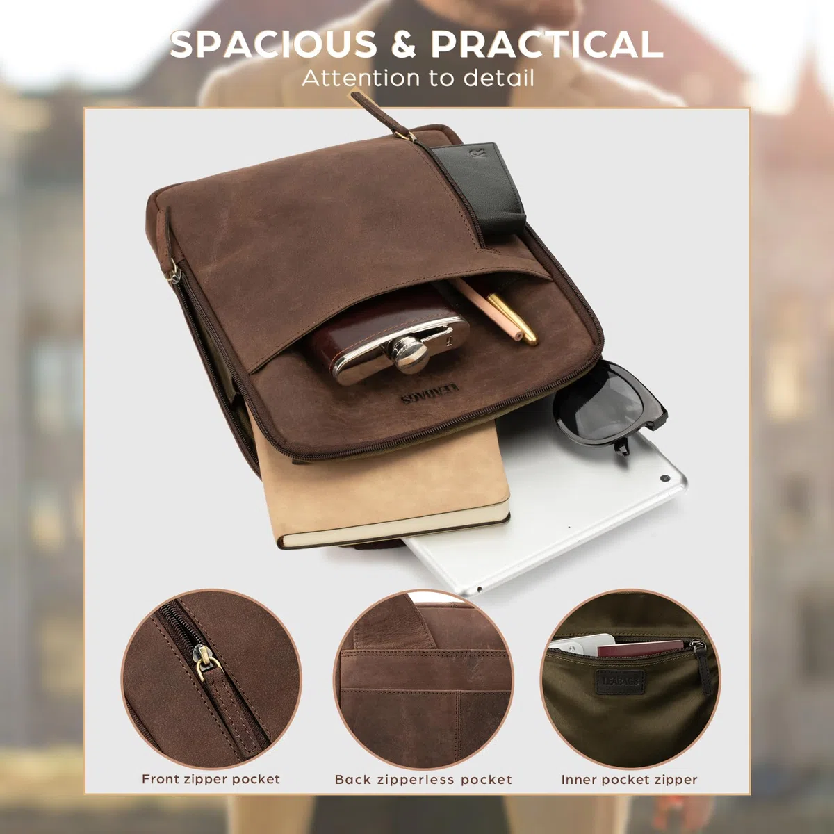 LEABAGS Men's Leather Small Shoulder Bag Messenger Travel Bag