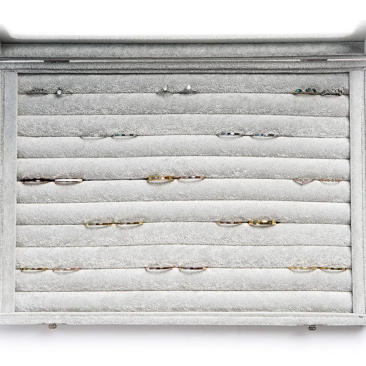 Frebeauty Ringe/Ohrringe Organizer Tablett mit klarem Deckel 10 Slots Samt Schublade Einsatz Schmuck Aufbewahrungsbox mit transparentem Glasdeckel Schmuck Vitrine Geschenk für Frauen (Grau, 10 Slots)