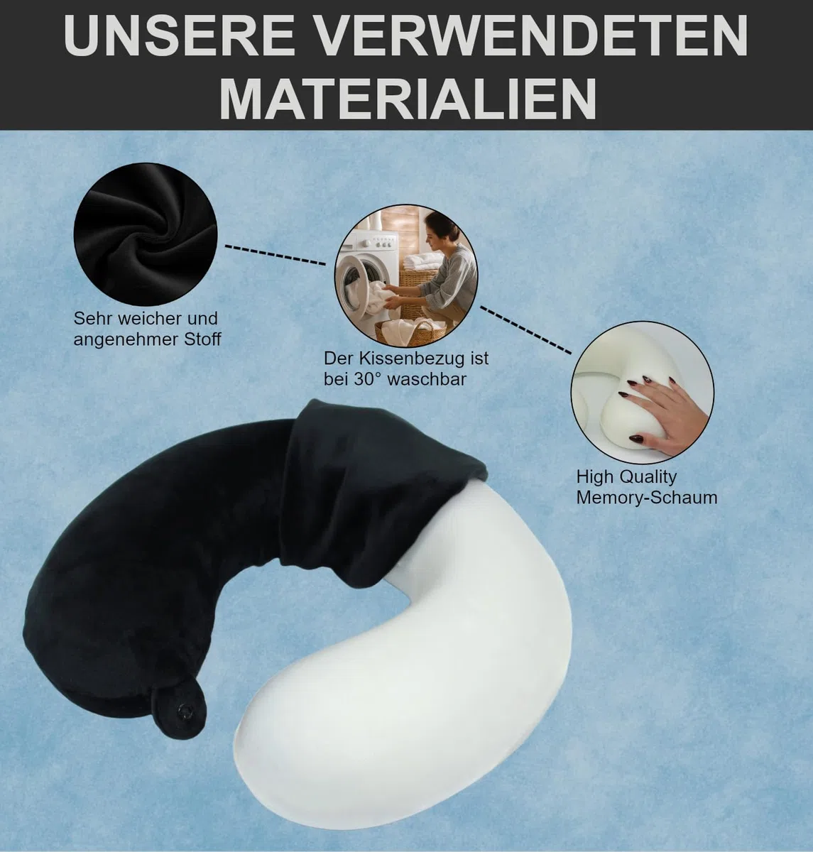 Reisekissen (Essentials) - 100% Memory Foam - U-förmiges Nackenkissen mit samtweichem Bezug - Nackenhörnchen - Ideal für Reisen, Flugzeug, Auto, Büro und Zuhause, waschbar (Schwarz)