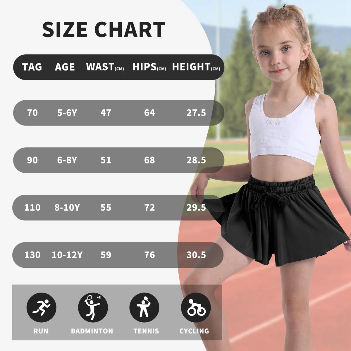 KAKU NANU Flowy Shorts 2-in-1 Röcke und Skorts für Mädchen 5–12 Jahre,6 Farben elastischer Skort mit Tasche Tennis Gymnastik Schule PE Sport
