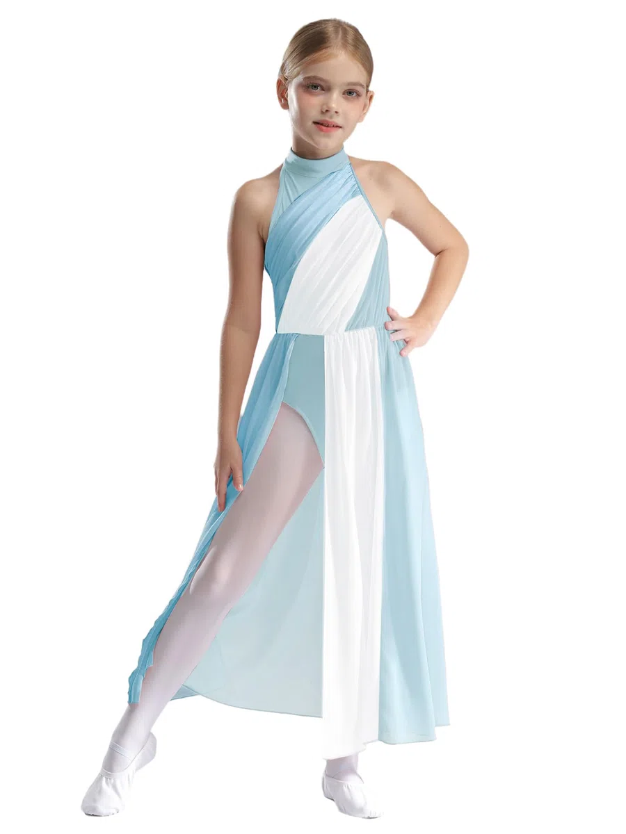 inhzoy Mädchen Lyrisch Tanzkleid Ärmellos Farbblock Ballett Leotard Mit Swing Maxirock Zeitgenössischer Tanz Kostüme Lyrical Dance Kostüm