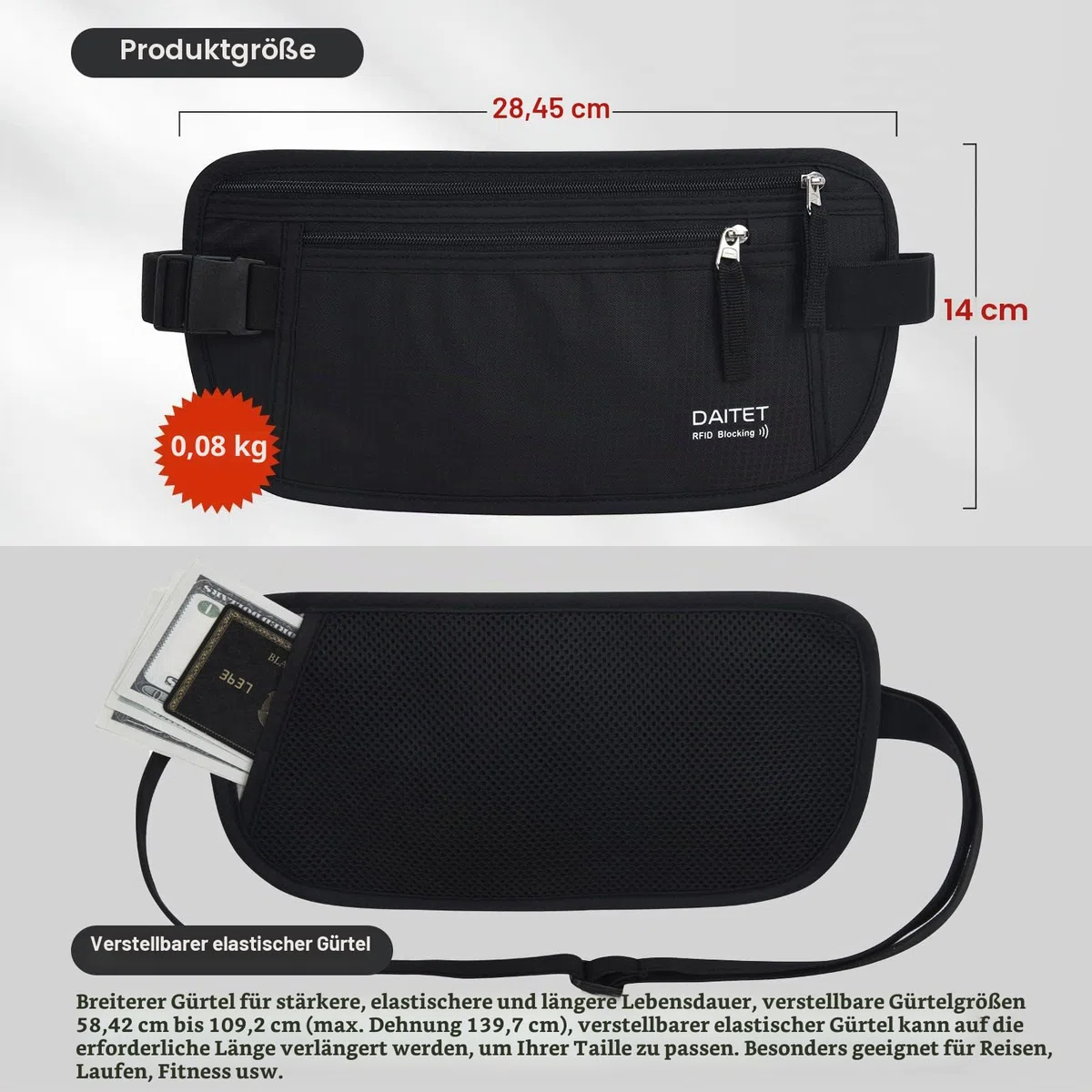Geldgürtel für Damen und Herren,Die Bauchtasche zum Reisen Flach Mit RFID-Blocker Bauchtasche unter Kleidung tragbar