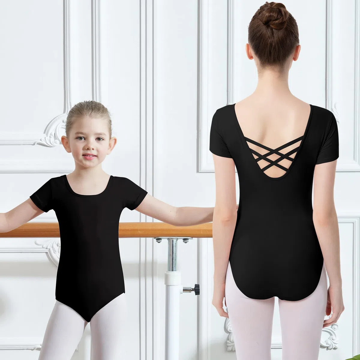 Ballettanzug Mädchen, Kinder Ballett Trikot Kurzarm Ballett Gymnastik Turnanzug Tanz-Body aus Baumwolle für Damen Kinder Schwarz Weiß Rosa(Größe 110-170)