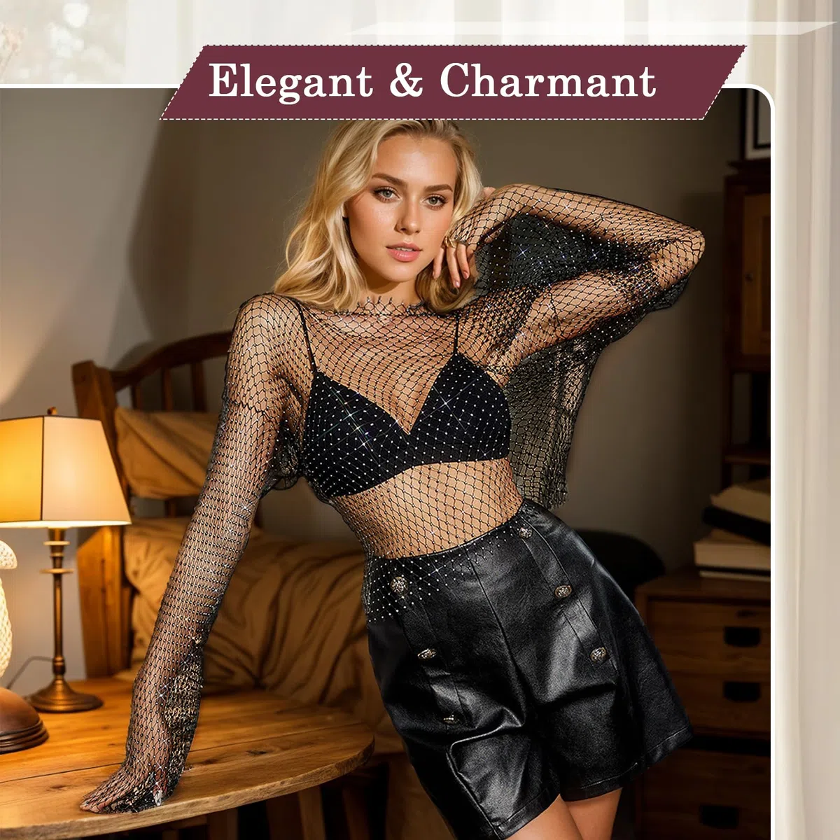 Transparentes Glitzer Top Damen Mesh Langärmelig Sexy Schwarz für Party und Nachtclub