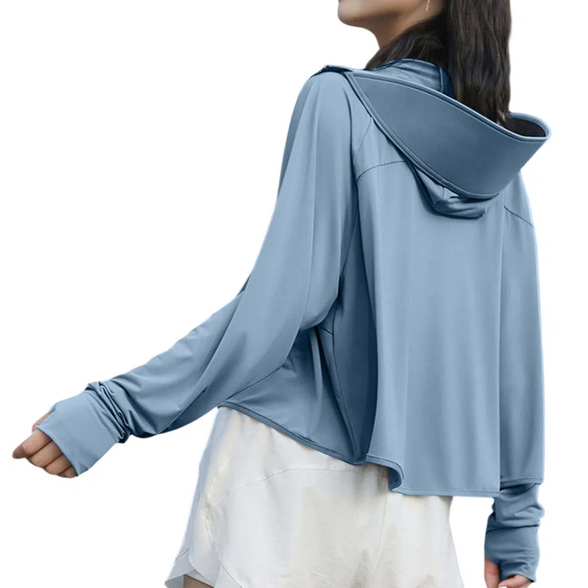 Laufjacke Damen UV 50+ Ice Silk Atmungsaktive Sportjacke Langarm Gym Top Sportshirt mit Reißverschluss Sportliches Sonnenschutzoberteil mit Abnehmbarer Krempe Yoga Fitness Laufen Joggen Tennis