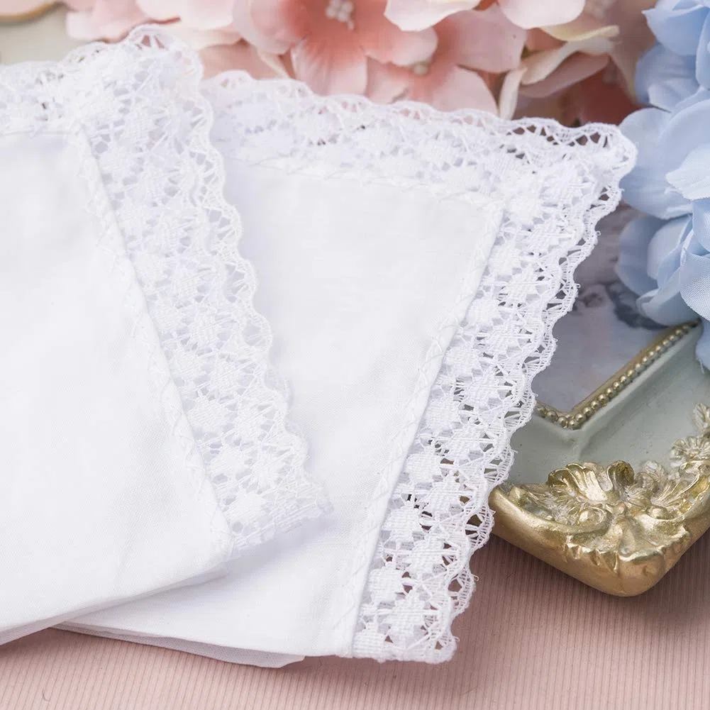 HOULIFE 6/12 Stücke Damen Klein Weiß Taschentücher aus Reiner Baumwolle mit Spitzen 25x25cm für Alltagsgebrauch&Hochzeit
