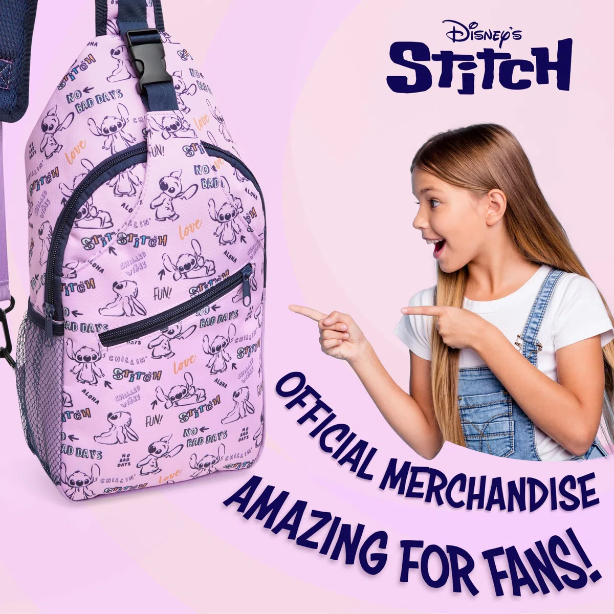 Disney Stitch Sling Bag, Brusttasche Umhängetasche mit Gepolstertem Träger & Mehreren Fächern- Geschenke für Mädchen
