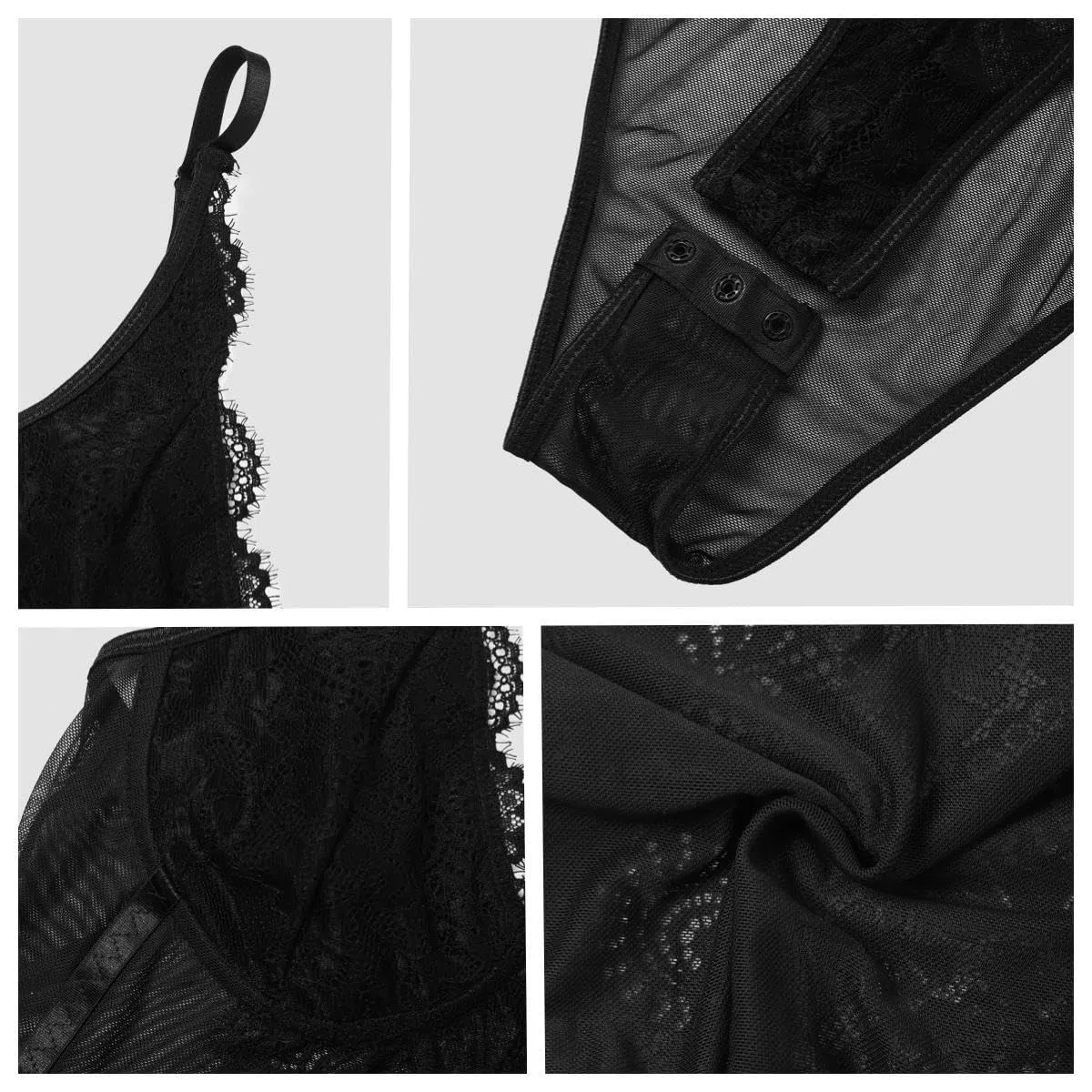 Body Damen Sexy Spitze Transparenter Sheer Mesh Bodysuit Top V Ausschnitt Spaghettiträger Bodys Slim Stretchy Jumpsuit Netz Unterziehbody Mode Rückenfrei Oberteil