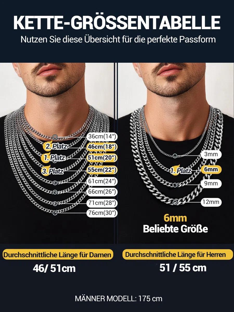 PROSTEEL Herren Halskette Klassische Panzerkette 3/6/9/12mm breit kubanische Gliederkette Herren Hip-Hop Kette Cuban Chain Necklace für Männer Jungen Edelstahl/18k vergoldet 36/46/51/55/61/66/71/76cm