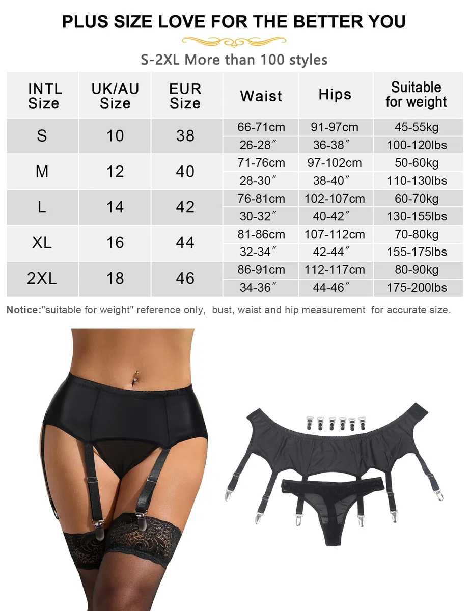 Strumpfhalter Damen Sexy Leder Strapsgürtel mit 6 Halter Große Größen Strapshalter Metallclips Ersatz Dessous Strapsen Set Curvy Unterwäsche mit Tanga Garter Belt