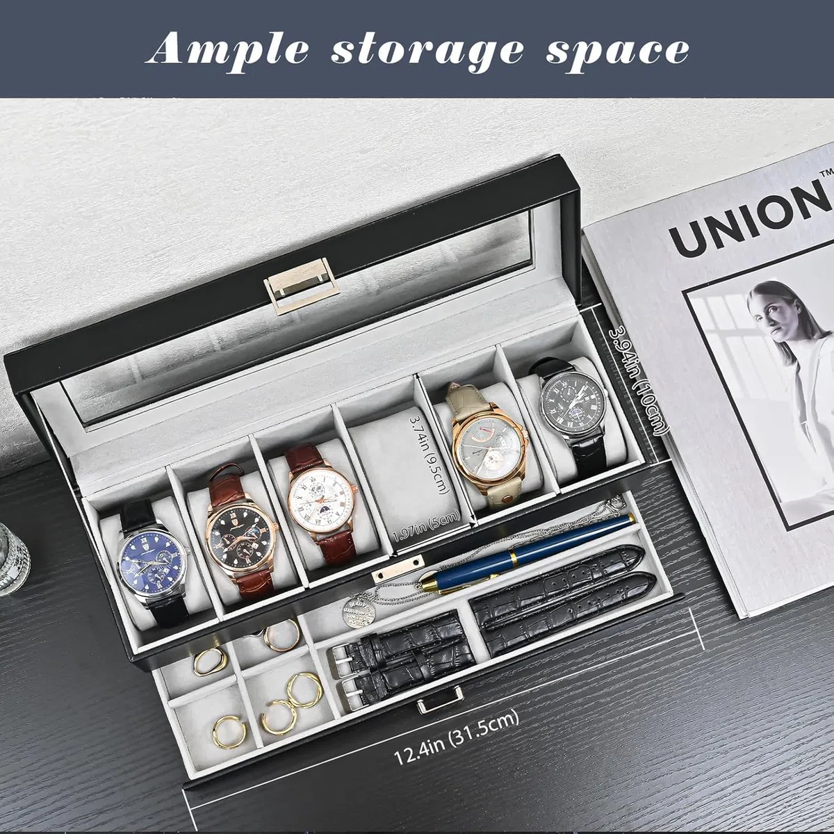 ProCase Uhrenbox mit 6 Fächern，Uhrenkasten mit Glasdeckel, 2 Ebenen, Uhrenkoffer mit herausnehmbaren Uhrenkissen, Uhrenschatulle für Schmuck, Ringe, Armbänder und Halsketten -Schwarz