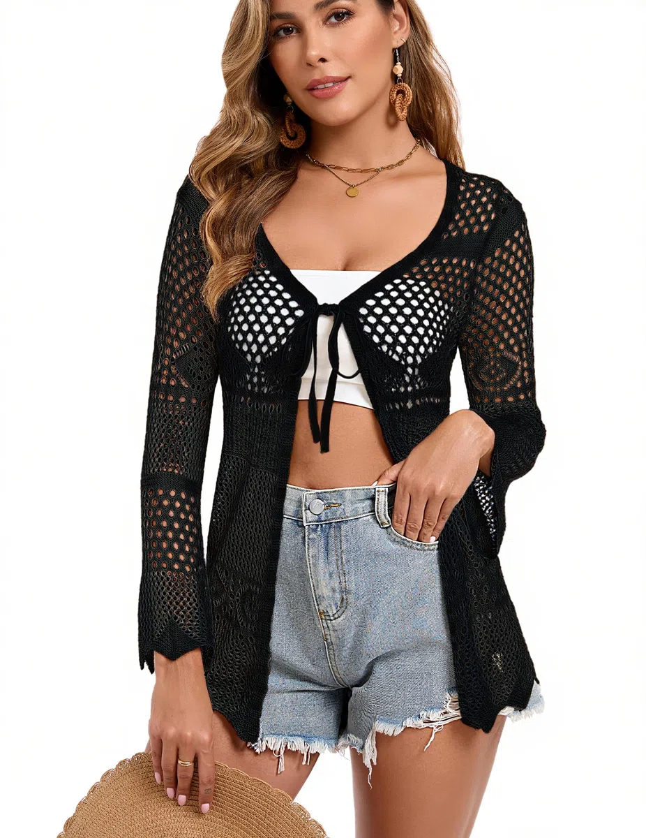 Damen Lange Strickjacke V Ausschnitt Cardigan mit Lochmuster Bindeband Leicht Luftig Häkeljacke Bikini Cover Up