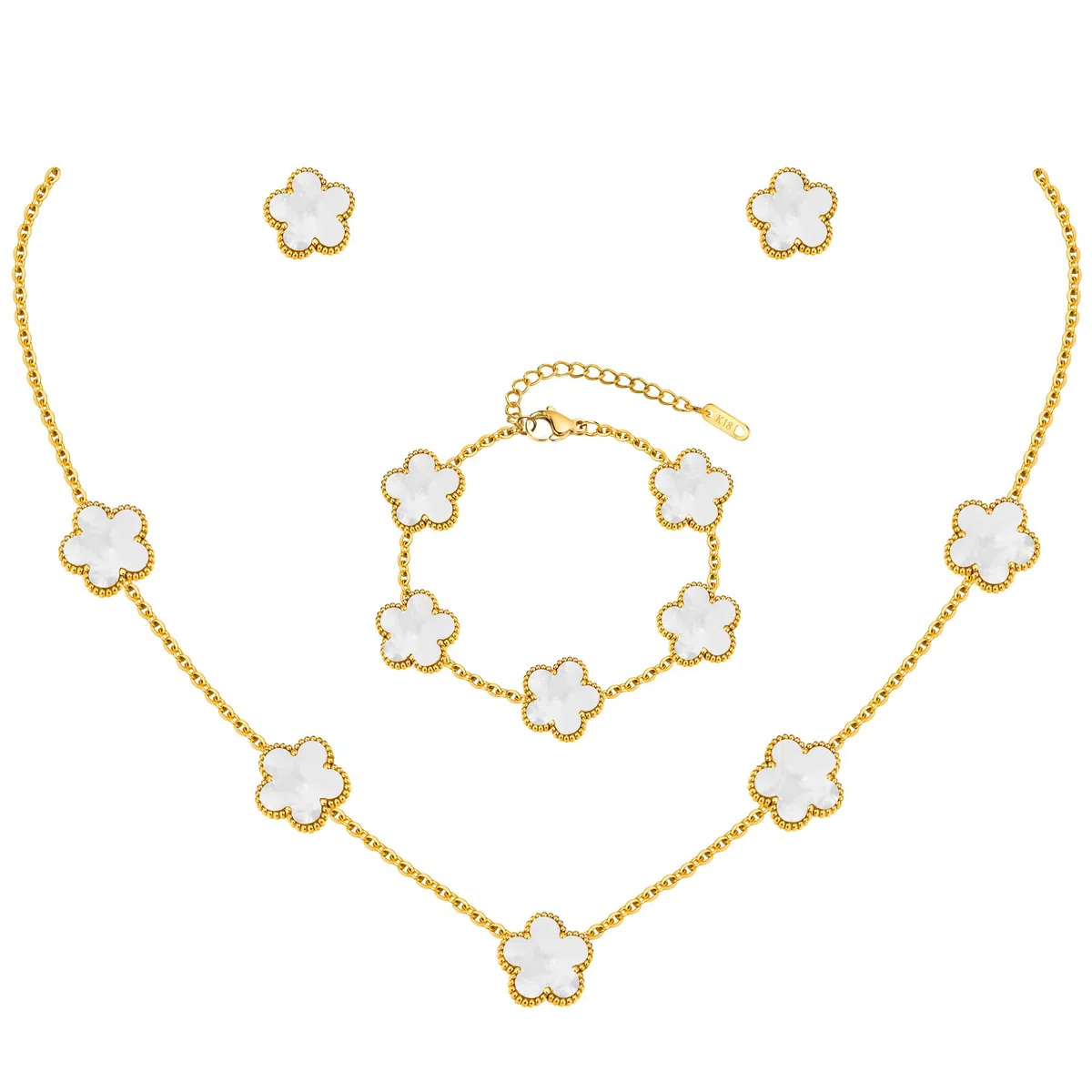 TempBeau Kleeblatt Armband Damen Schmuckset Mädchen, 18 K Vergoldet Edelstahl Halskette Ohrstecker Armband mit Zweiseitig Anhänger, Glücksklee Schmuck Set für Hochzeit Geburtstag Jahrestag