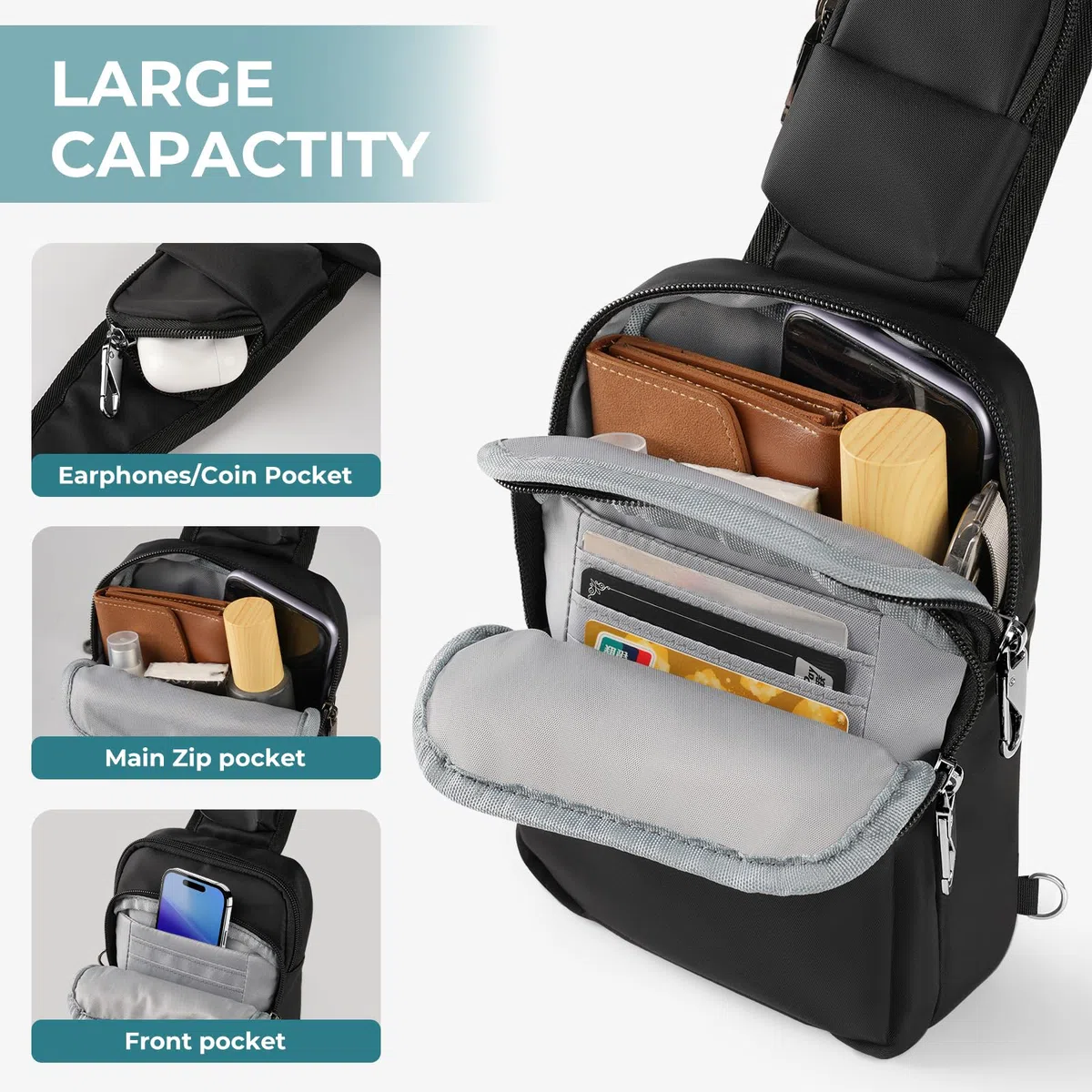 BROADREAM Anti Diebstahl Umhängetasche - Sling Chest Crossbody Bag Brusttasche Herren, Wasserdicht Schultertasche mit Reißverschluss Lock, RFID-Blockierung, Klein Handtasche für Männer Damen