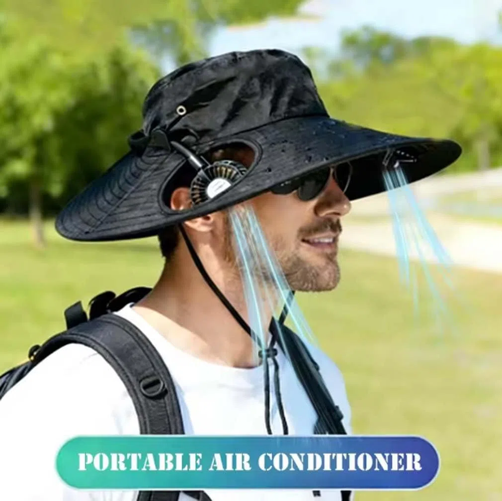 2-in-1 Hands-Free Hat Fan with Detachable Neck Fan,Sonnenhut mit USB wiederaufladbare Ventilator Mütz,Sonnenhut mit breiter Krempe UPF 50+ & wasserdicht,Breite Krempe Sonnenhut für Männer Frauen