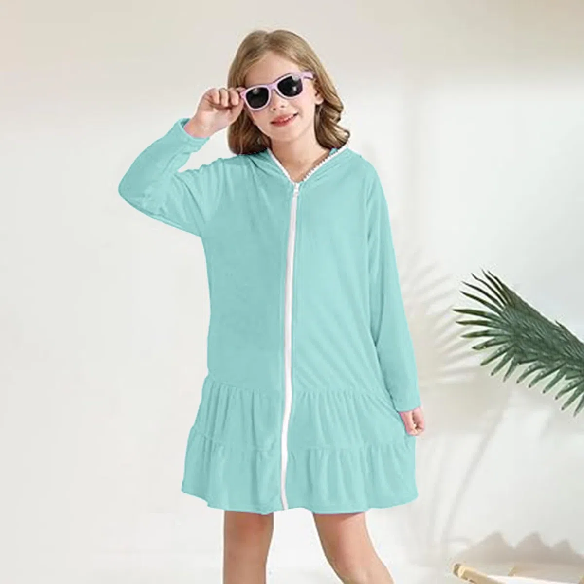 Badeponcho Kinder Reißverschluss Kapuze Cover Up mit Sonnenbrille Saugfähige Frottee Strandkleid Rüschen Gemütlich Strandtuch Sommer Mädchenkleid Langarm Bademode
