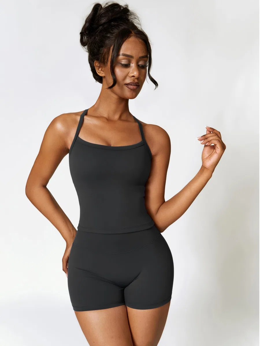 IDOPIP Sportanzug Zweiteiler Damen für Fitness: Spaghettiträger Sommer Outfits mit BH-Polster und hohe Taile Leggings kurz - Gym Set für Yoga, Pilates und Workout