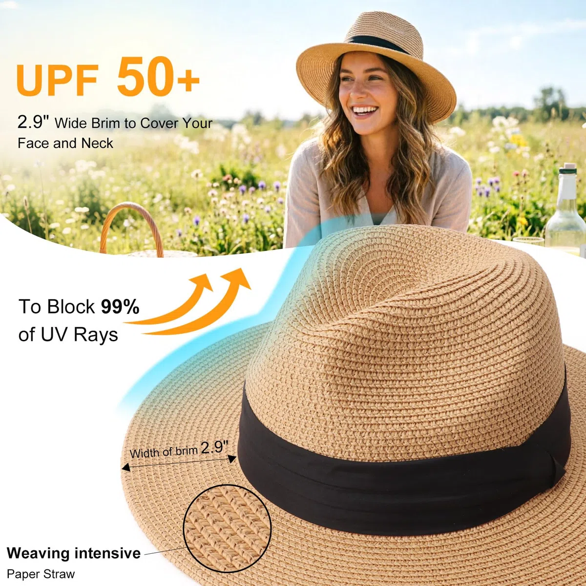 DRESHOW Damen Panama Hut Breiter Krempe Stroh Sommer Fedora Strohhut Panama Aufrollen Hut Strand Rollbar UV Sonnenhut UPF 50 +
