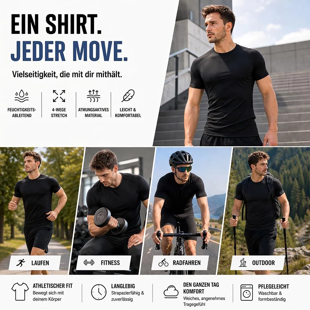 Kompressionsshirt Herren Kurzarm, Atmungsaktives Funktionsshirt Männer, Schnell Trocknendes Laufshirt Sportshirt mit Stretch, Rundhals Muskelshirt für Gym Fitness Running Training