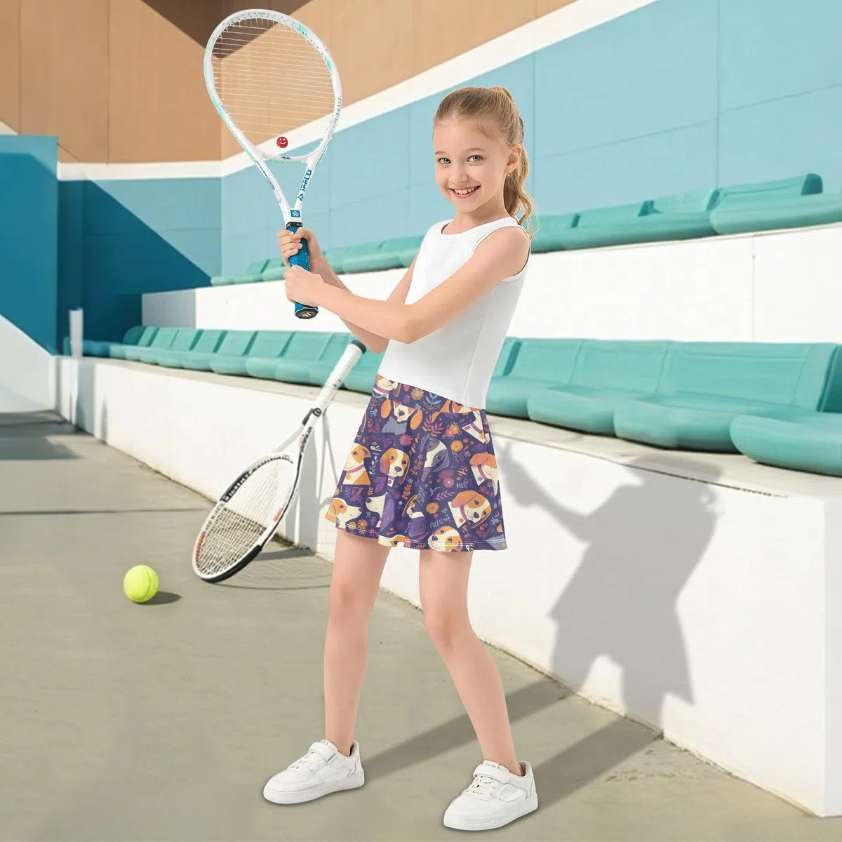 Cartoon-Rock mit niedlichen Hunden, Facennis-Röcke, Mädchen mit integrierten Shorts, Scort-Rock für kleine Mädchen, Sportröcke für Kinder