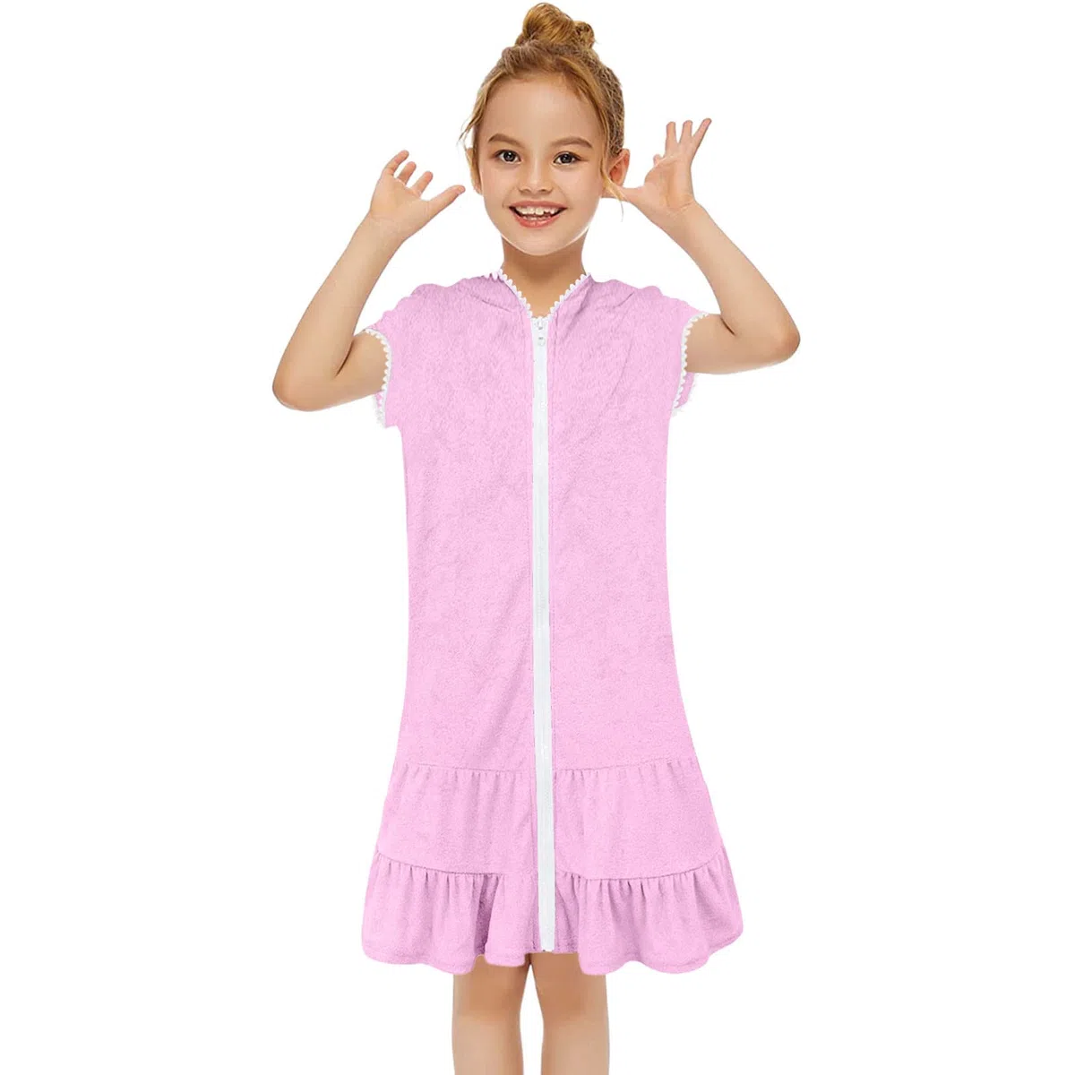 Bademantel Mädchen Kurzarm Einfarbig Badeponcho mit Kapuze Kinder Badeanzug Coverup Kleid Sommer Schwimmen Cover Up Strandkleid Moden Mädchenkleider Teenager Kinderkleid Poncho mit Reißverschluss