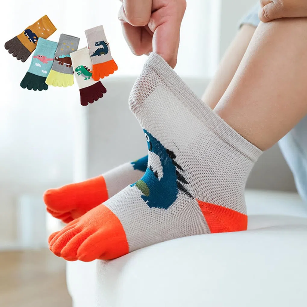 Kinder Fünf Finger Baumwolle Socken Cartoon Tier Atmungsaktive Zehensocken für Jungen Mädchen 1-9 Jahre alt, 5 Paar
