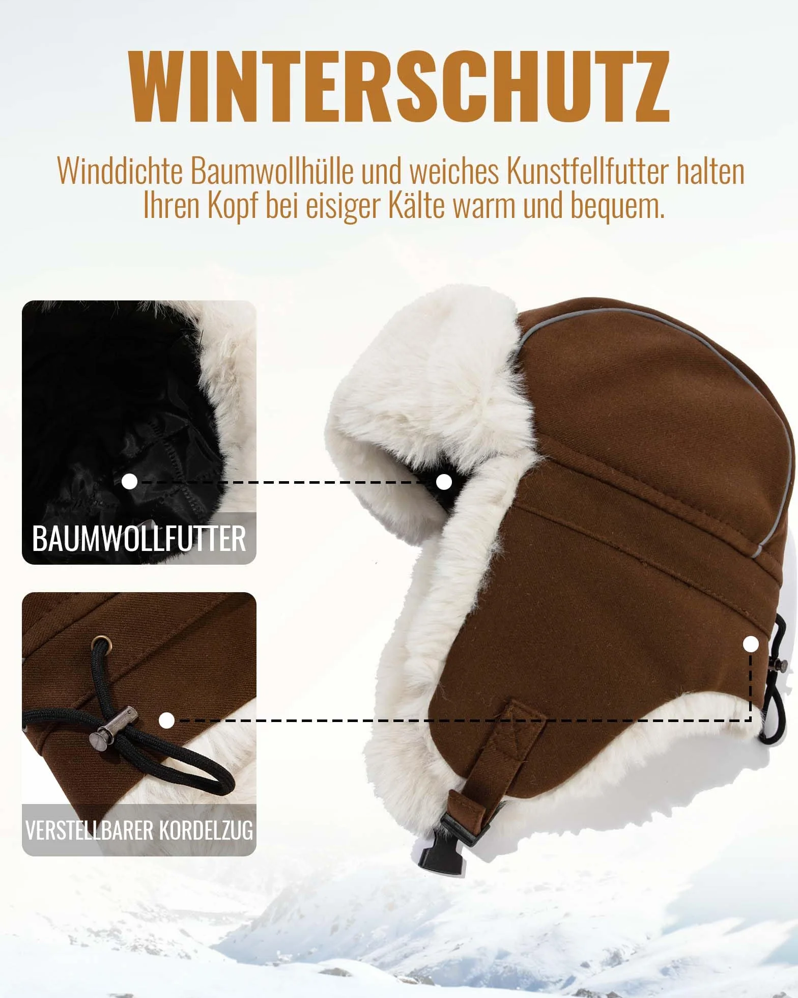 Clakllie Warme Fliegermütze Winddicht Trappermütze mit Kunstpelz Ohrenklappen Outdoor Wintermütze mit Ohrenklappen Unisex Bomber Hut Uschanka Mütze