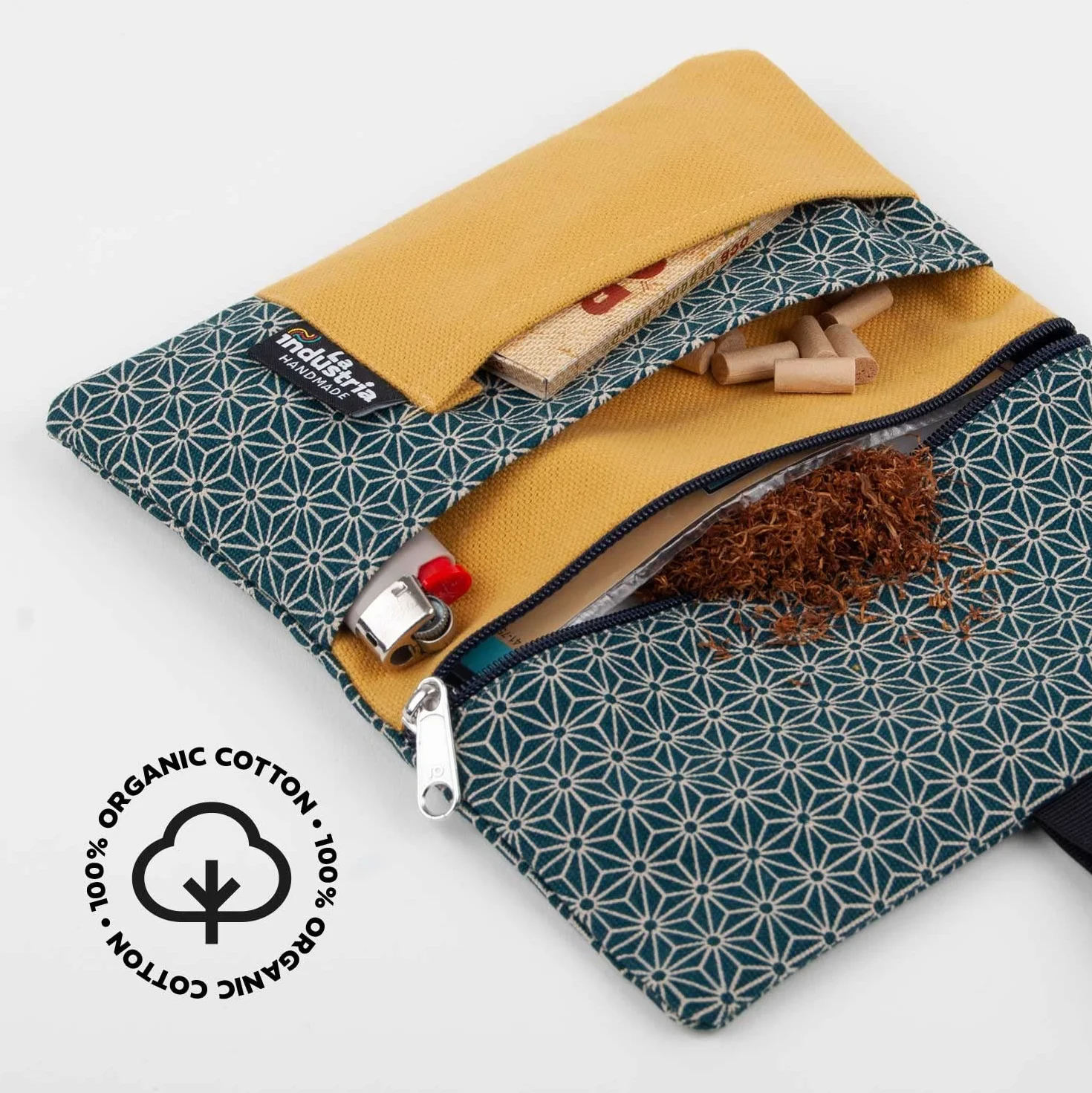 Tabaktasche aus Bio-Baumwolle - Tabakbeutel mit Filterfach, Blättchen & Feuerzeug MAKI