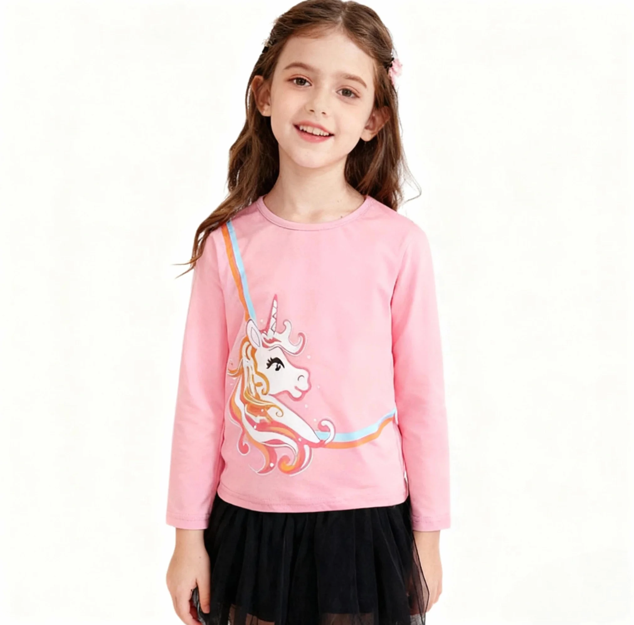 Langarmshirt Mädchen Baumwolle Longsleeve Kinder Mädchen Einhorn Häschen Rundhals Langarm Tops 2er Pack für Kinder 3-8 Jahre Größe 98 104 110 116 122 128