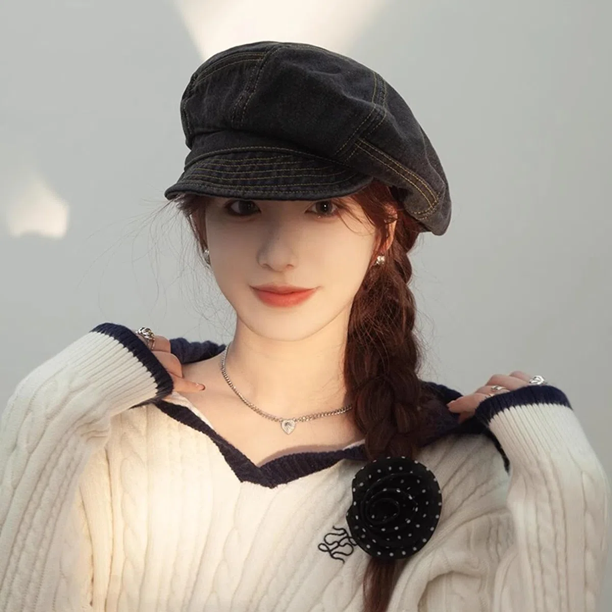 Baskenmütze für Damen, Denim-Bäckermütze, Newsboy-Cabbie-Mütze, Schirmmütze für Damen und Mädchen