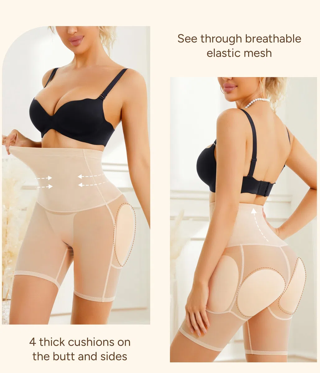 Junlan Damen Push Up Unterhose mit Po Butt Lifter & Hip Enhancer, Shapewear Bauchweg Hohe Taille, Gepolsterte Miederhose mit Hüftpolster, Nahtlose Radlerhose Figurformend
